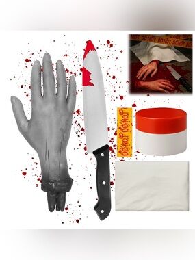 5Pcs Scary Party Decor Prop Supplies with Fake Blood Power, Fake Knife, Caution